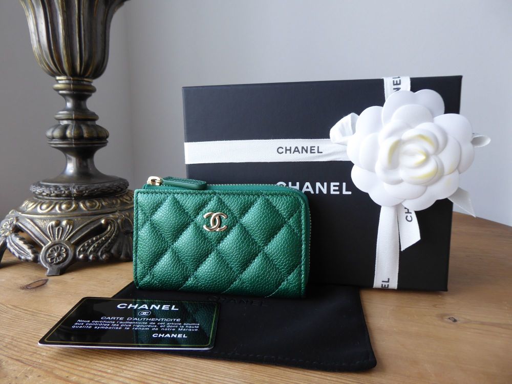 Chanel Classic Part Zip Key Wallet Purse in Iridescent Metallic Emerald  Green Caviar - SOLD