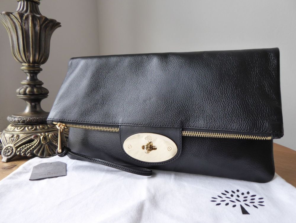 Mulberry Postmans Lock Fold Over Zip Clutch in Black Glossy Goat with Shiny Gold Hardware - SOLD