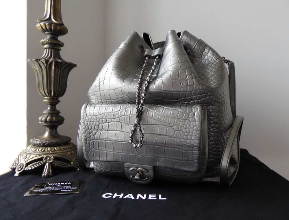 Chanel Large Drawstring Backpack in Metallic Silver Croc Embossed Calfskin - SOLD
