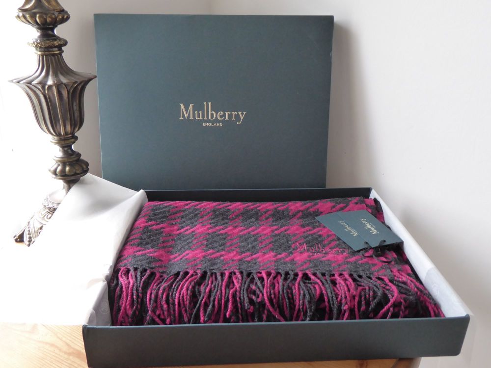 Mulberry Large Shawl Wrap Scarf in Berry Red & Charcoal Houndstooth Lambswool - SOLD