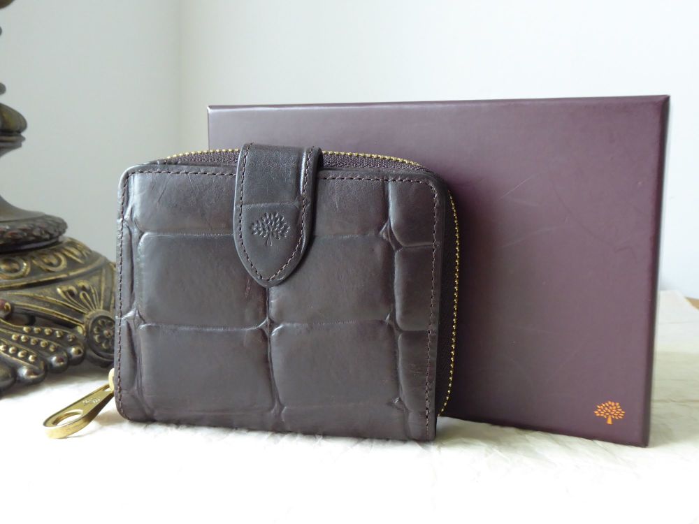 Mulberry Compact Bifold Zip Purse Wallet in Croc Printed Chocolate Leather - SOLD