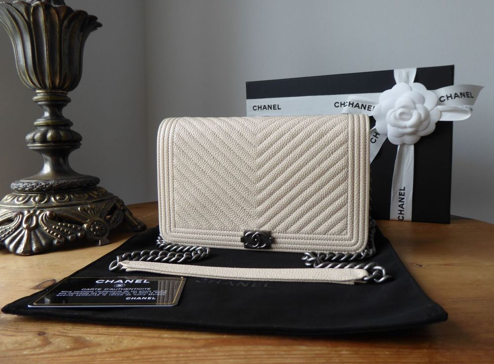 Chanel Boy Wallet on Chain WOC in Ivory Cream Chevron Quilted Caviar with R