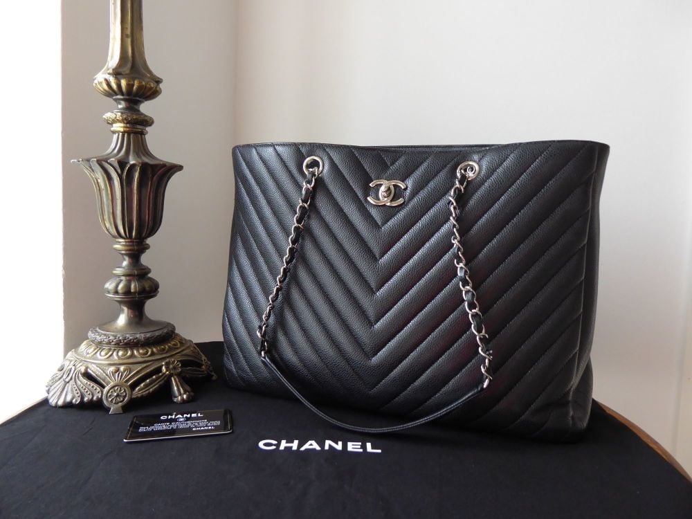 Chanel Large Classic Soft Shopper Tote in Black Chevron Quilted Caviar with Silver Hardware