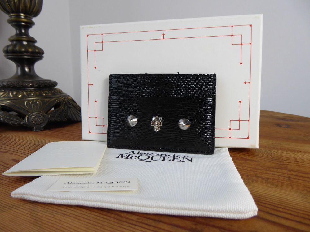 Alexander McQueen Skull Card Holder Slip Case in Black Vernice Stamped Calfskin - New