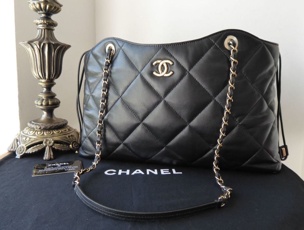 Chanel Large Drawstring Shopper Tote in Black Quilted Lambskin 