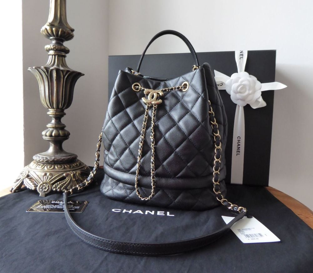 Rolled Up Drawstring Bucket Bag Quilted Caviar