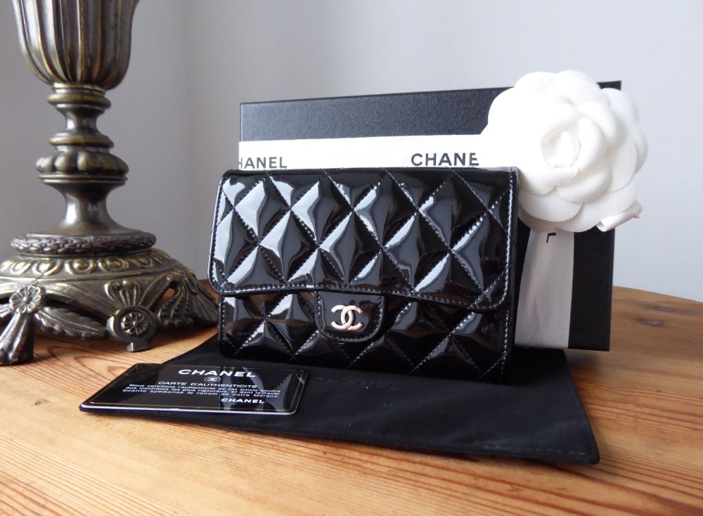 Chanel Classic Medium Flap Wallet in Quilted Black Patent Leather with Silv