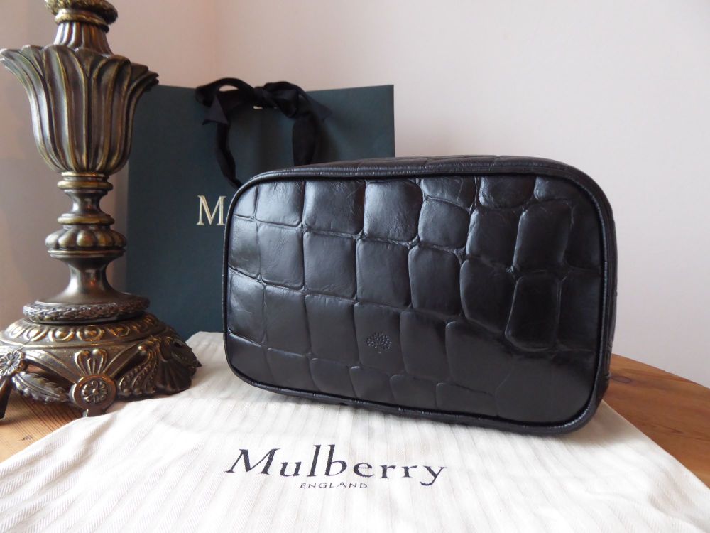 Mulberry Large Zipped Washbag in Black Croc Printed Leather 