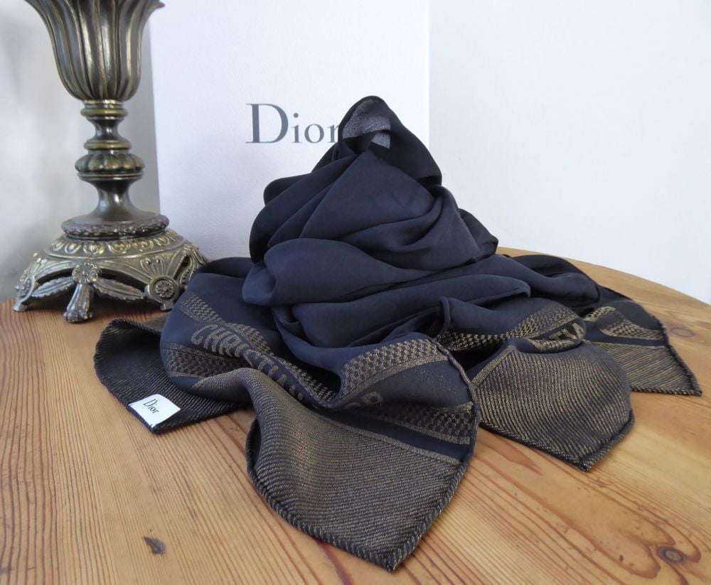 Christian Dior Cannage Weave Metallic Thread Shawl Stole in Black & Bronze Silk Mix