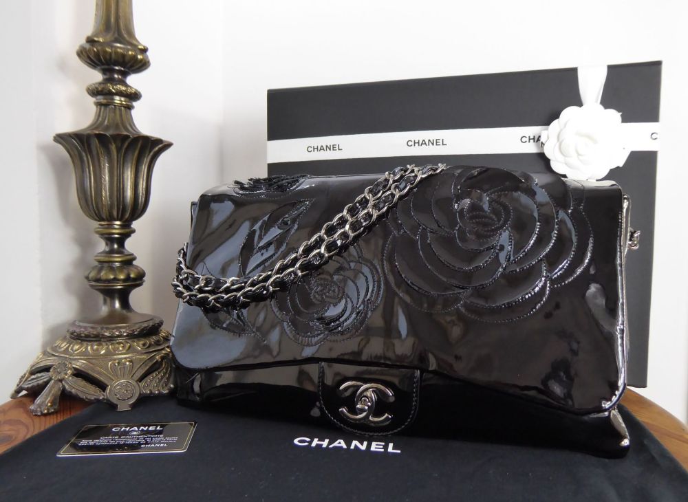 Chanel Tweed Petals Camellia Maxi Flap Bag in Soft Black Patent with Silver Hardware