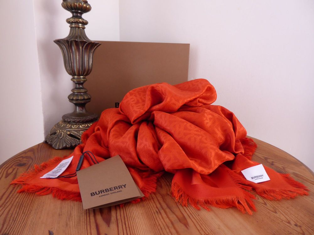 Burberry Monogram Jacquard Large Square Scarf in Orange Wool Silk Blend - SOLD