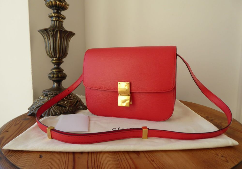 CÉLINE Medium Classic Box Bag in Red Liege Textured Calfskin 