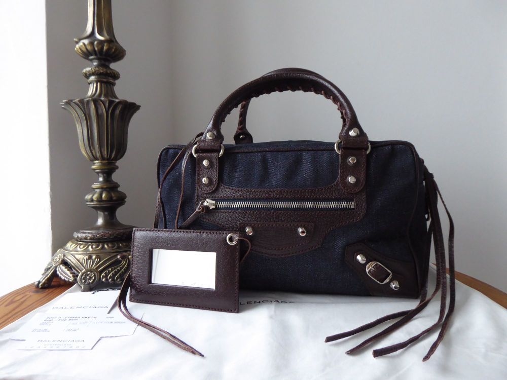 Balenciaga Denim Box Bag with Chocolate Leather Trims and Classic Silver Hardware