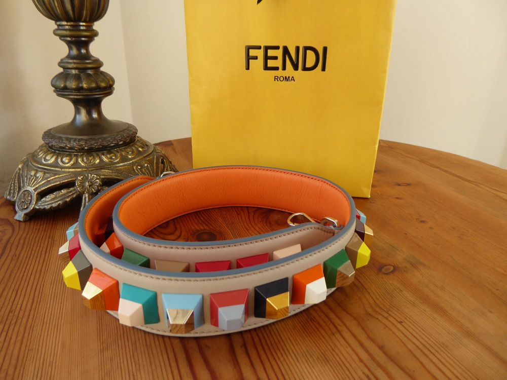 Fendi Strap You Cube Stud Long Shoulder Strap in Grey Powder & Multicoloure