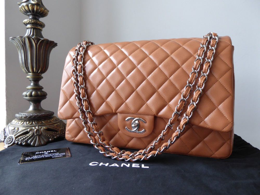 Chanel Timeless Classic 2.55 Maxi Double Flap Bag in Honey Beige Caviar 