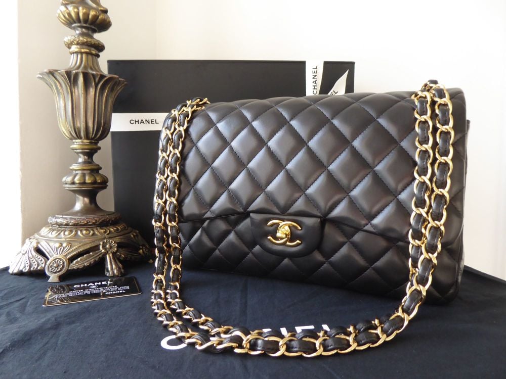 Chanel Timeless Classic 2.55 Jumbo Double Flap Bag in Black Lambskin with Gold Hardware 