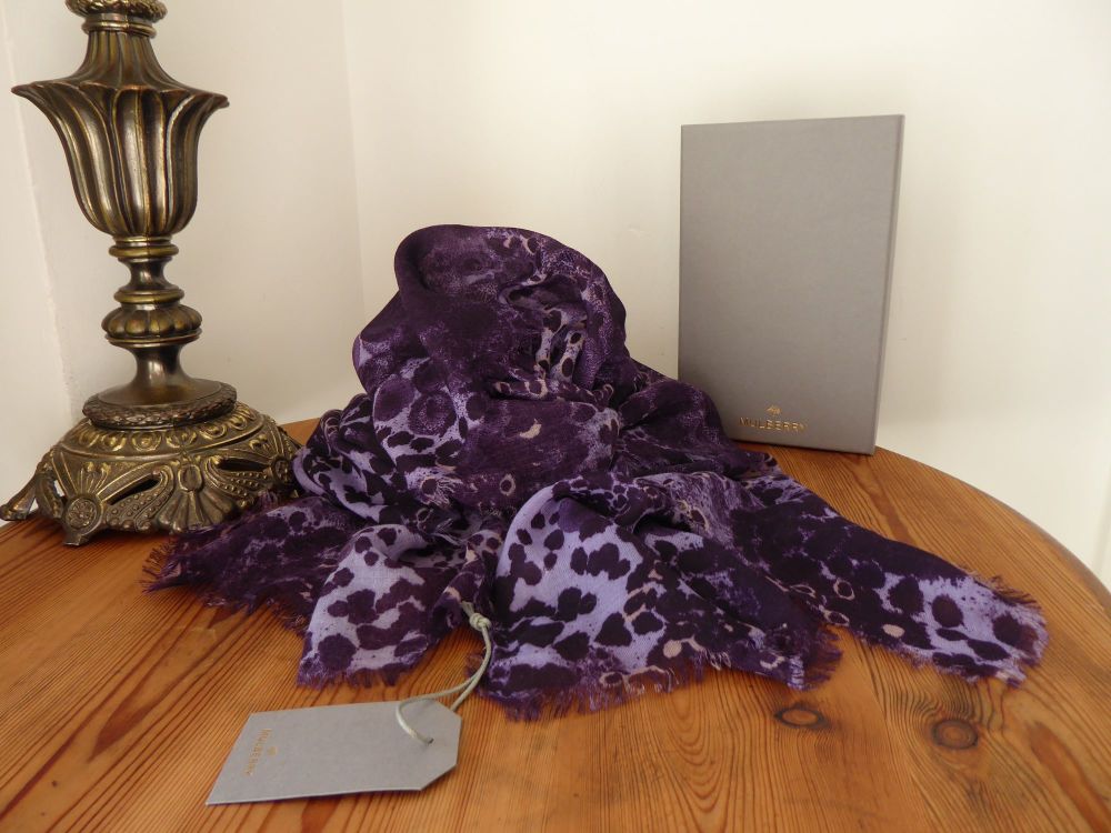 Mulberry Pure Cashmere Rectangular Scarf Wrap in Dusty Lilac Purple Inky Animal Print - SOLD