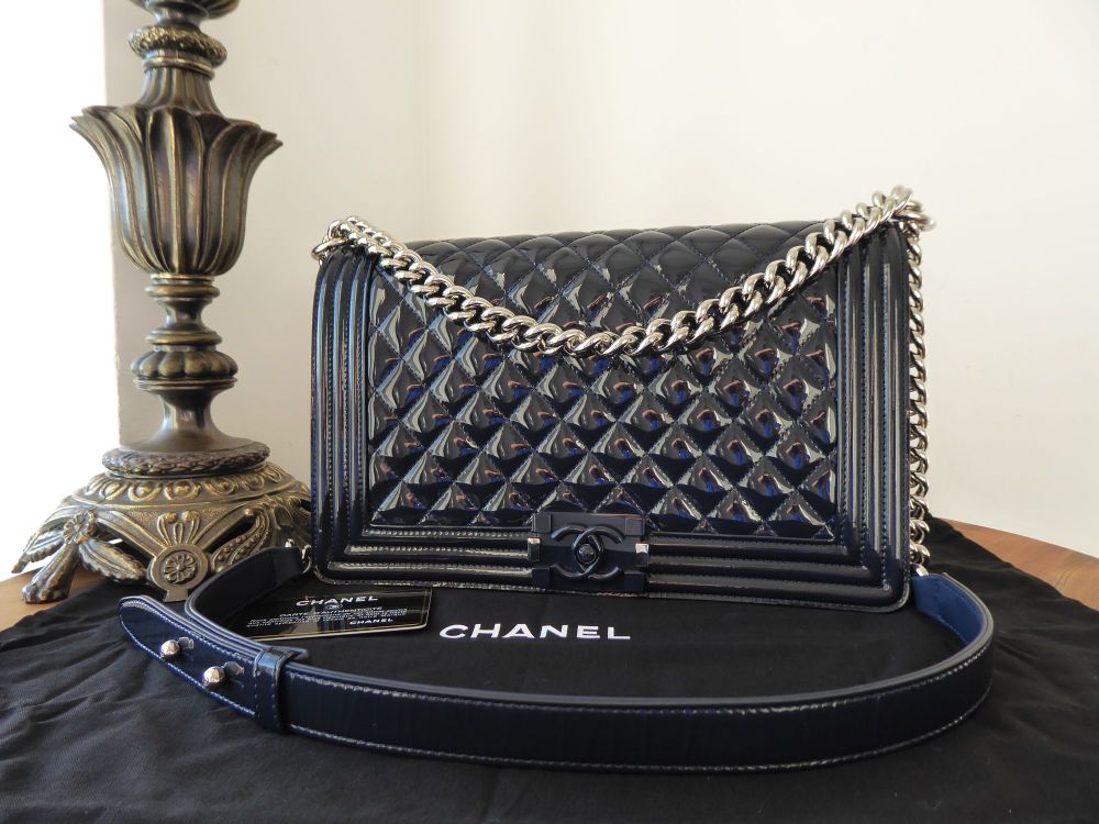 Chanel Boy Bag New Medium in Dark Navy Patent with Silver Hardware - SOLD