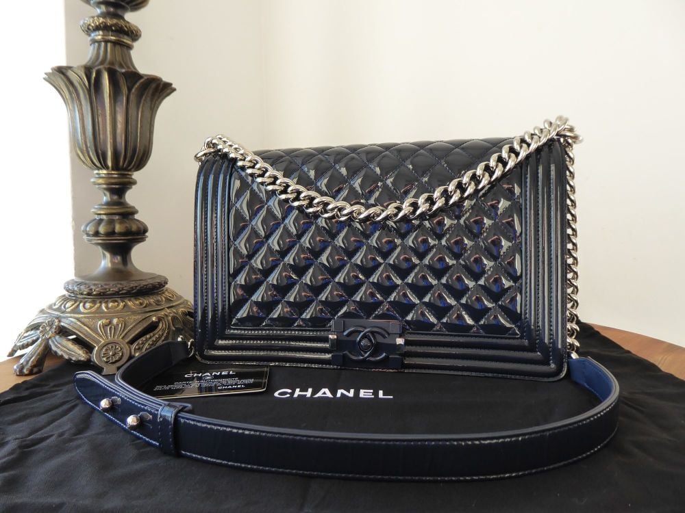 Chanel Boy Bag New Medium in Dark Navy Patent with Silver Hardware 