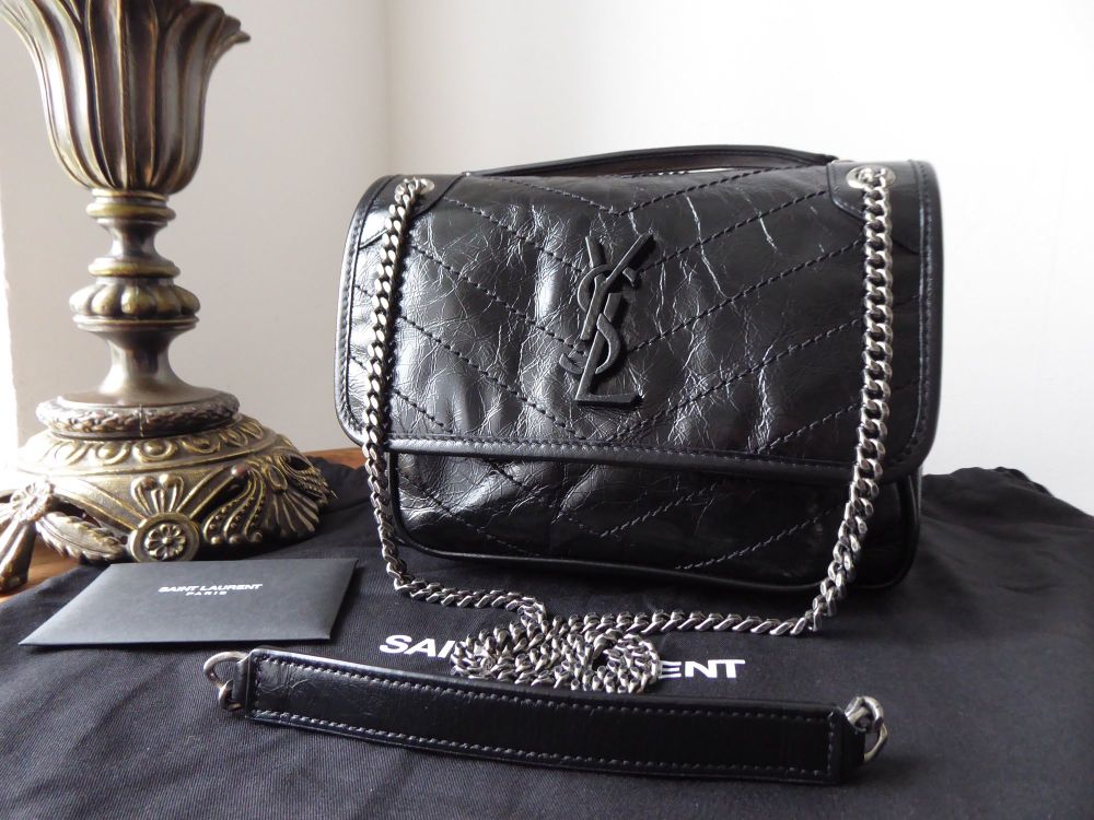 YSL Niki Baby Black Crinkled Vintage Leather Bag