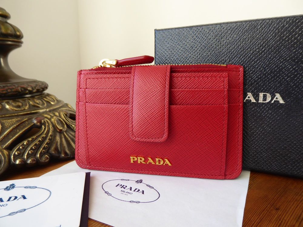 Prada Double Sided Card Holder in Red Saffiano with Shiny Gold Hardware ...