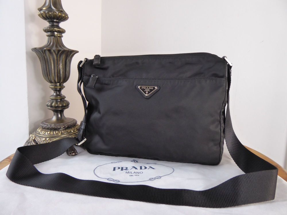 Prada Vela Tessuto Double Zipped Messenger Bag in Black Nylon & Calfskin -  SOLD