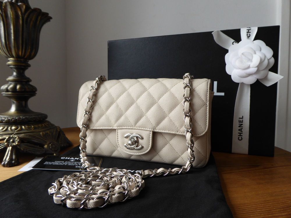 Chanel Mini Rectangular Classic Flap in Ivory Caviar with Shiny Silver Hard