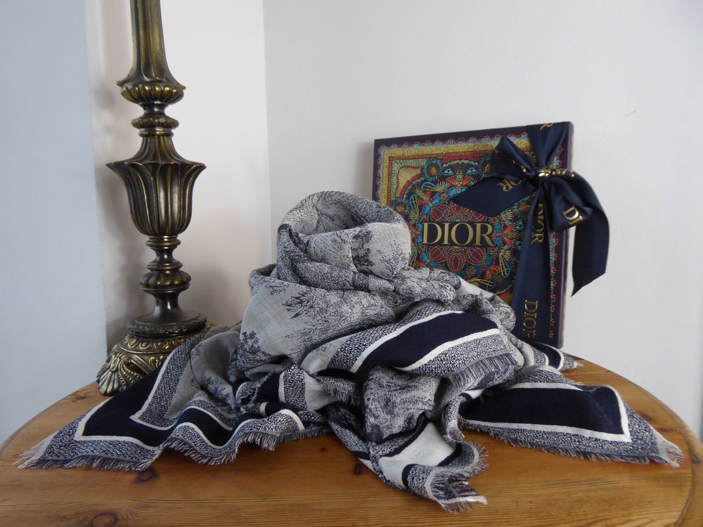 Dior Toile De Jouy Shawl in Ivory and Blue Wool, Silk and Cotton