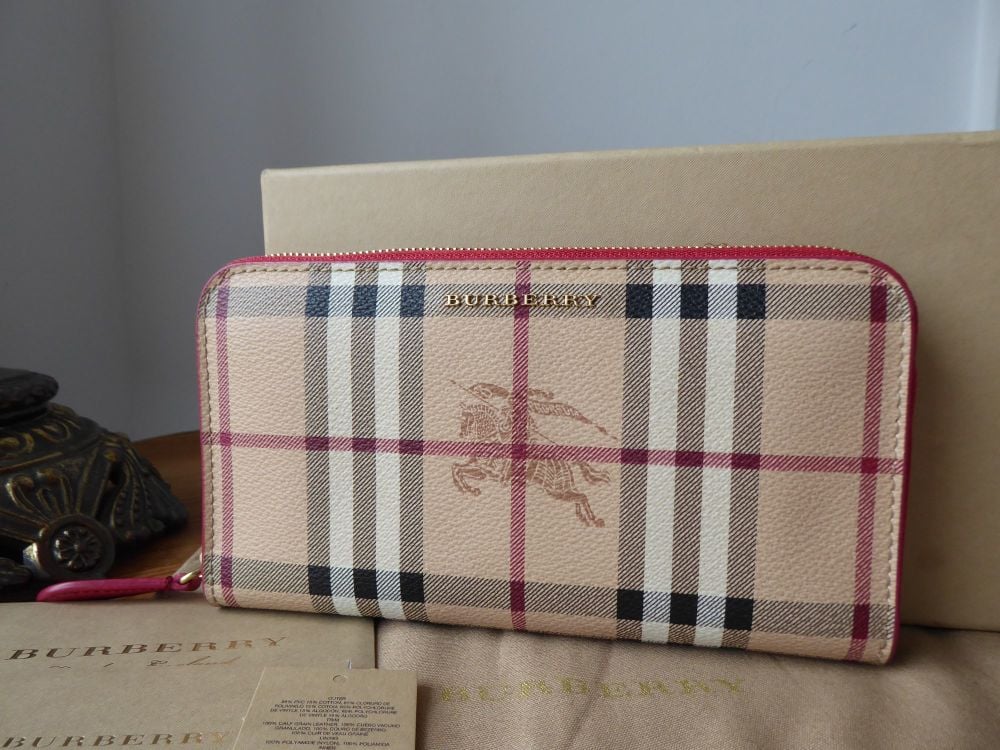 Burberry Zip Around Long Continental Wallet in Haymarket Check and Coral Pi