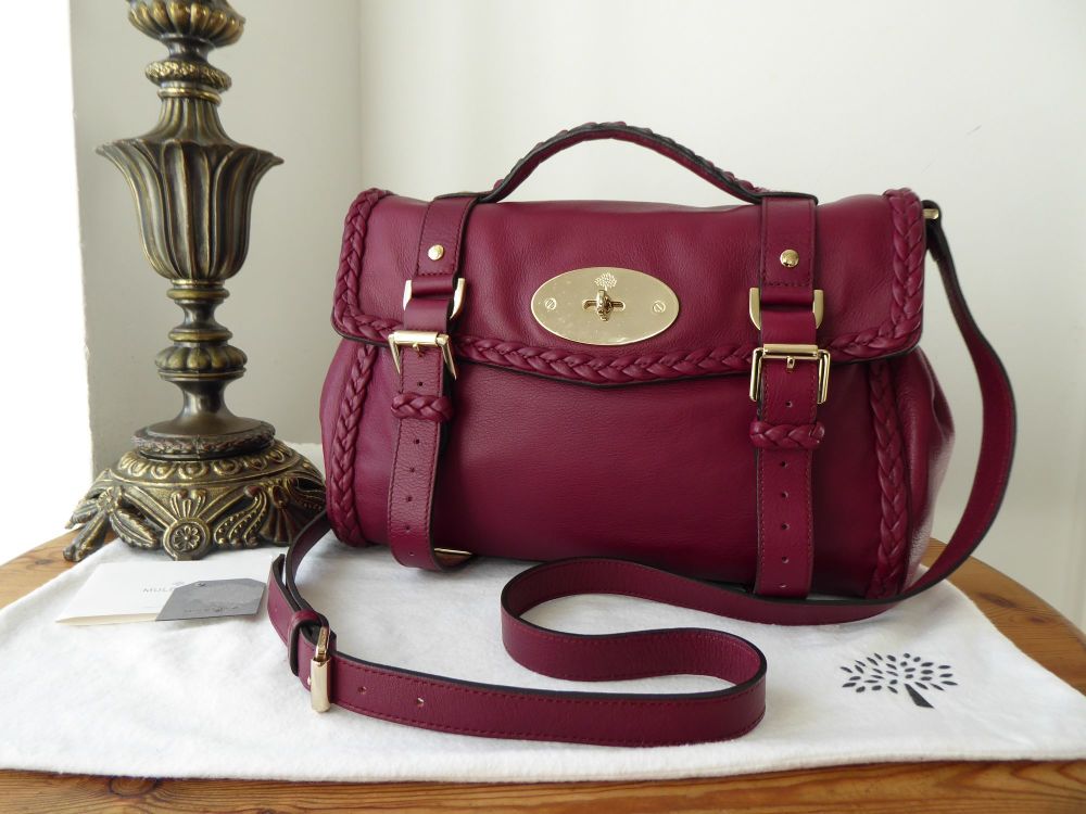 Mulberry Braided Woven Trim Regular Alexa Satchel in Berry Calf Nappa with Shiny Gold Hardware - SOLD