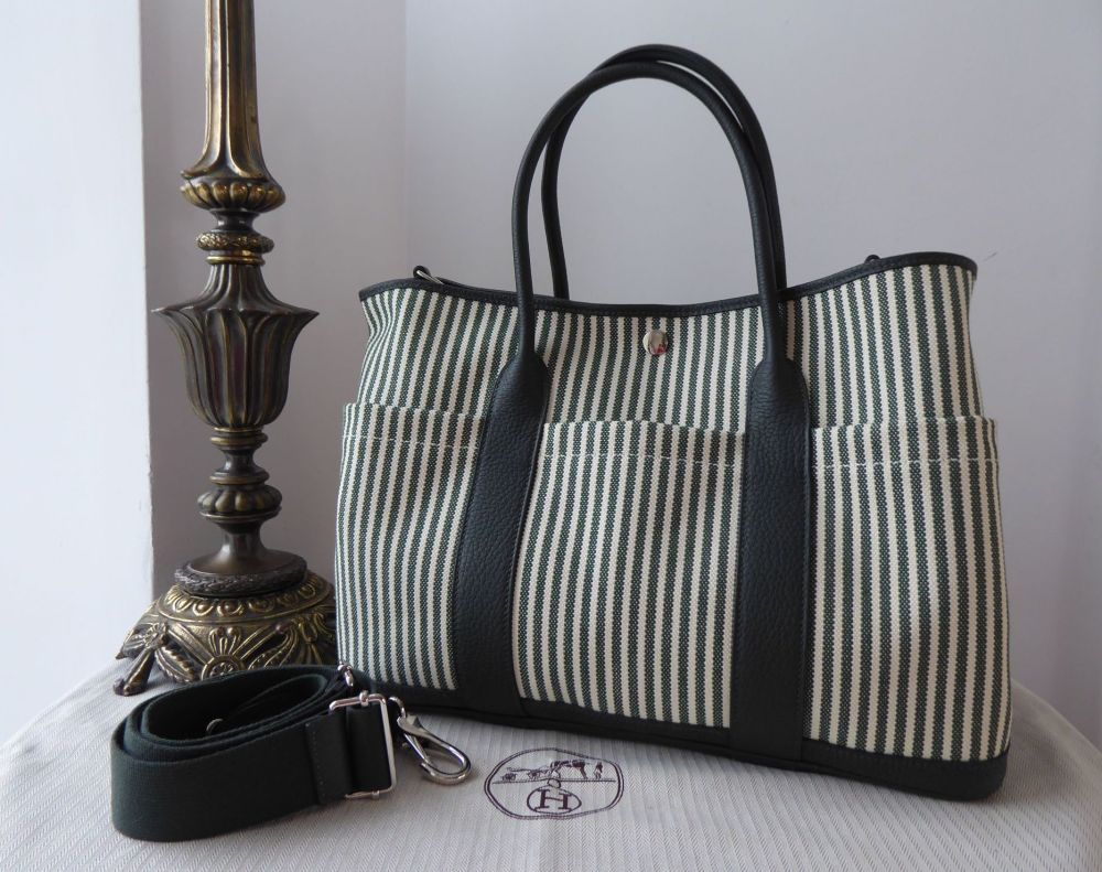 Hermés Garden Party 36 Pockets Shoulder Tote in Toile Vache Country Ecru  Vert & Racing Green Stripes - SOLD