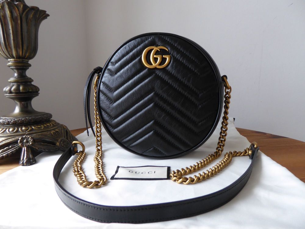 Gucci GG Marmont Round Mini Bag in Black Matelassé Calfskin