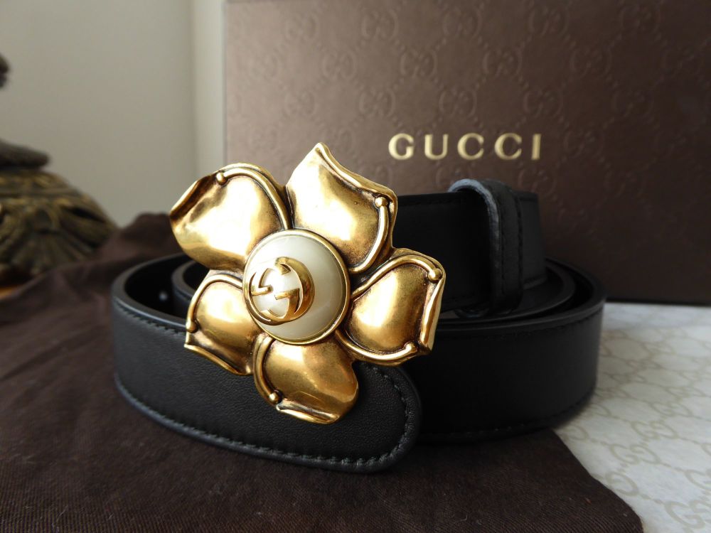 Gucci Pearlised Domed Flower Belt in Antiqued Gold and Black Calfskin