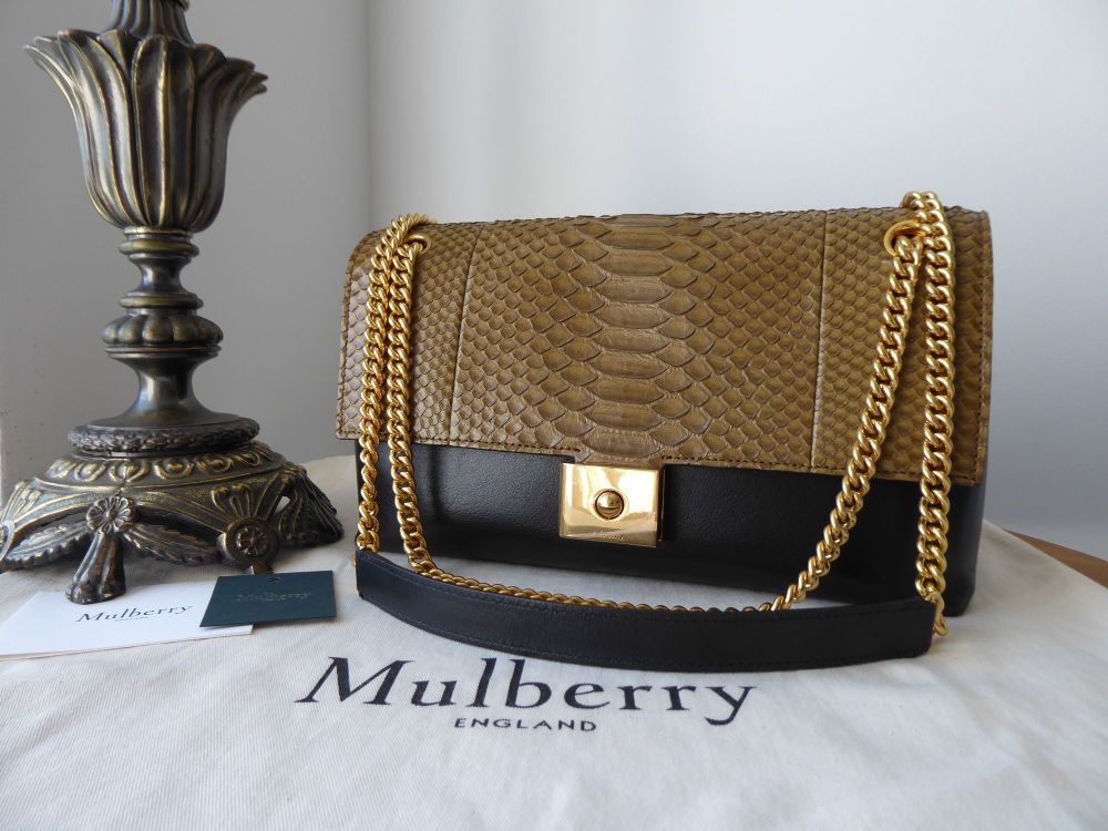 Mulberry Cheyne Shoulder Bag in Khaki Python and Black Smooth Calf 