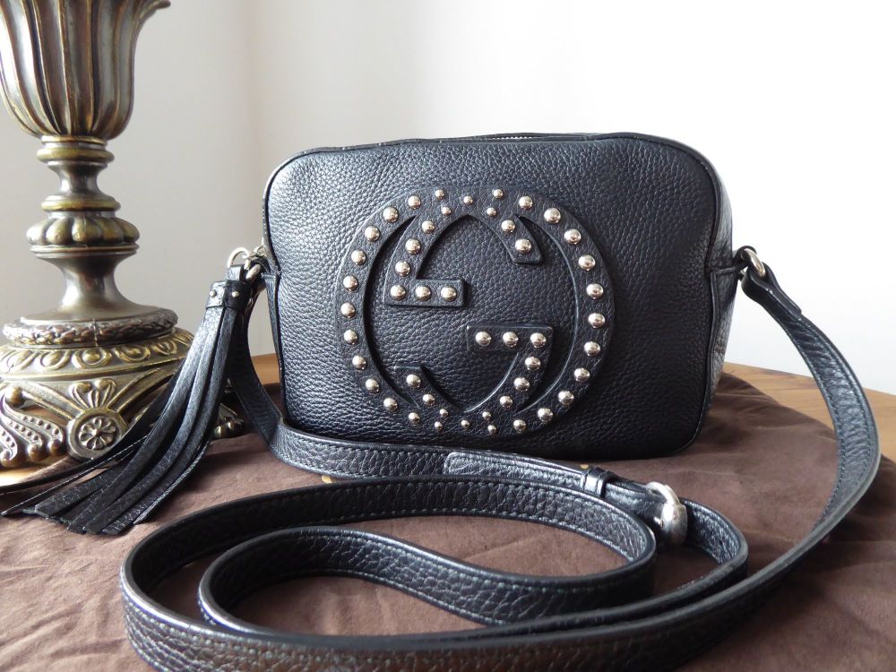 Gucci Soho Disco Studded Crossbody Shoulder Bag in Pebbled Black Calfskin