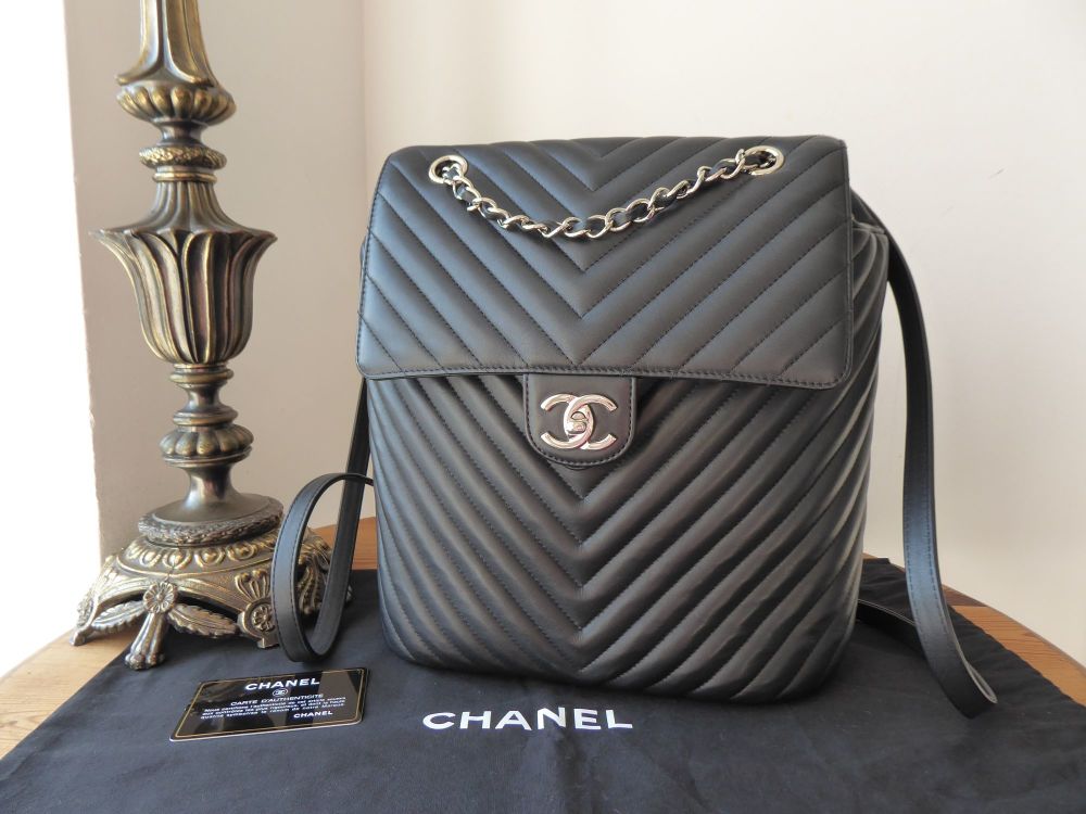 Chanel Urban Spirit Chevron Quilted Backpack in Black Lambskin with Shiny Silver Hardware - SOLD