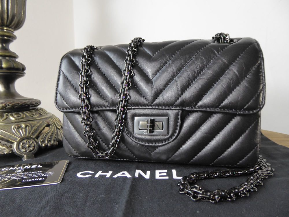 Chanel 2.55 So Black Mini Reissue in Chevron Quilted Aged Black Calfskin wi