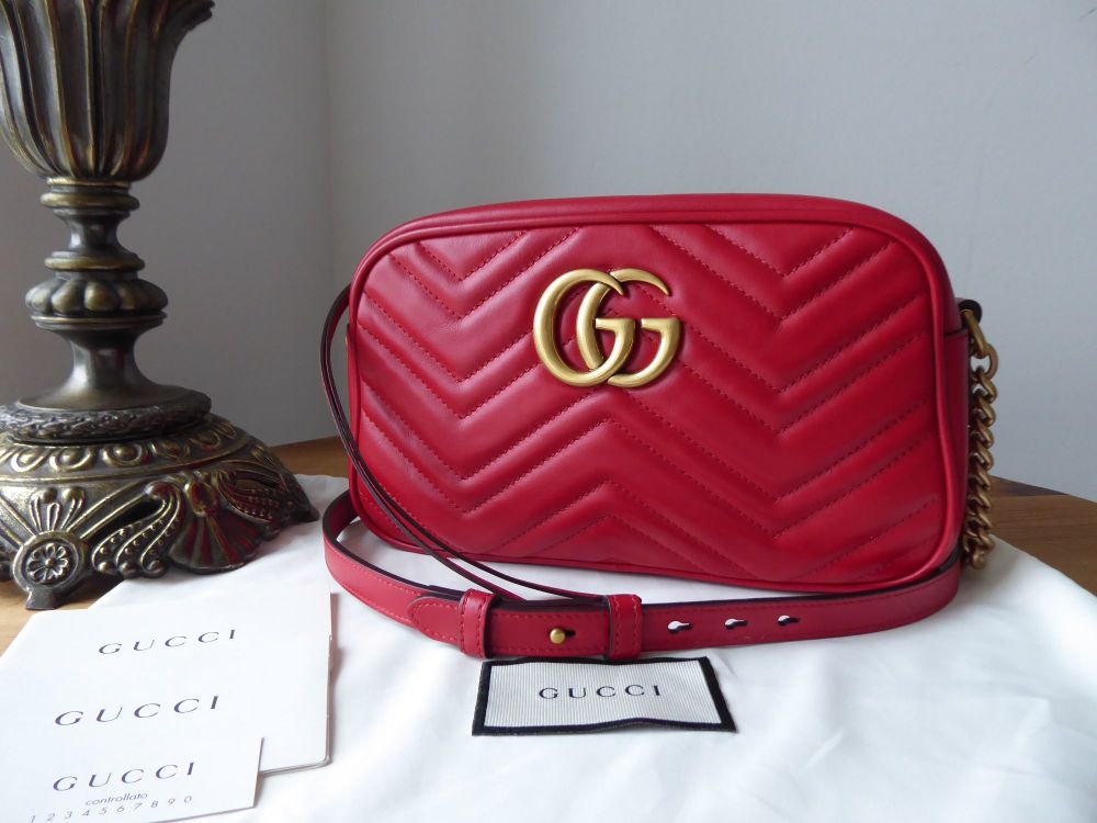 Gucci GG Marmont Small Camera Bag in Hibiscus Red Matelassé Calfskin 