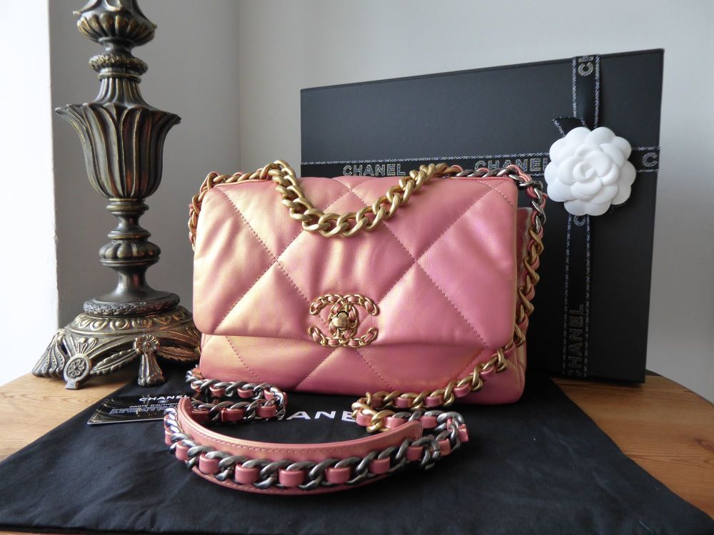 Chanel 19 Small Flap Bag in Iridescent Metallic Sunset Pearl Pink