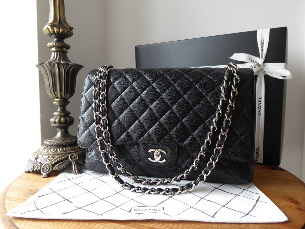 Chanel Timeless Classic Maxi Single Flap Bag in Black Caviar with Silver Hardware