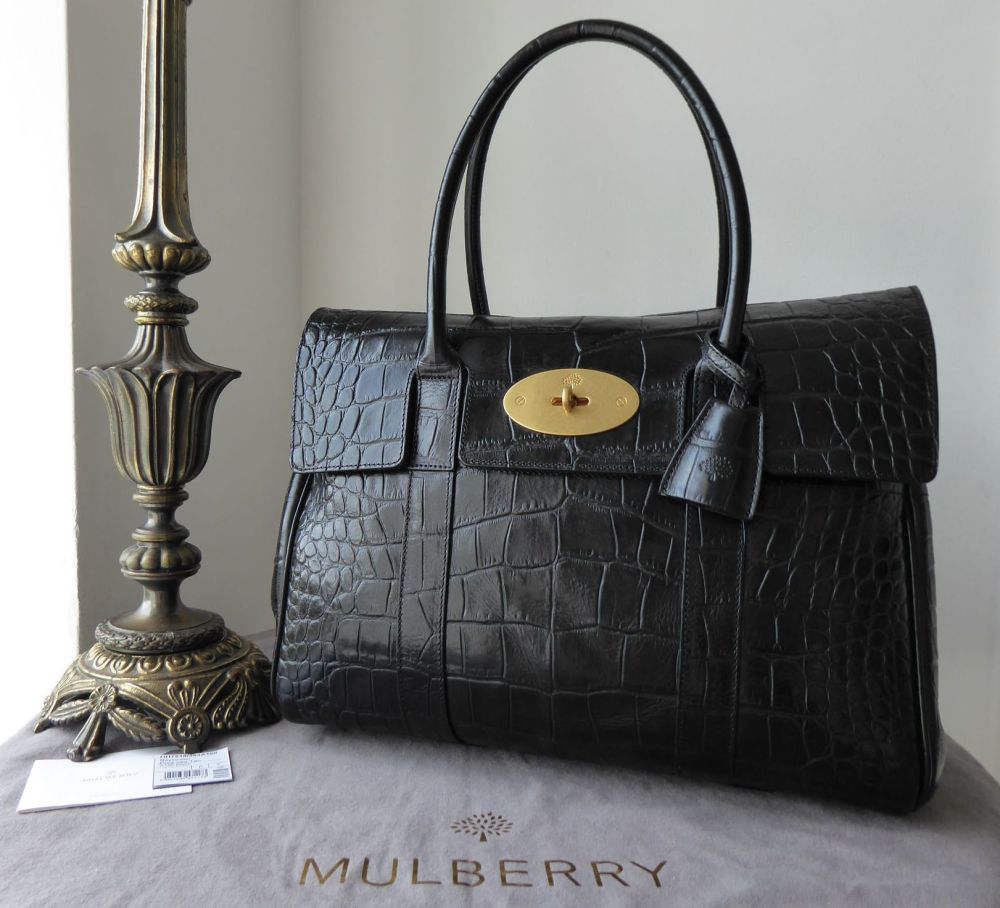 Mulberry Classic Heritage Bayswater in Black Croc Printed Vegetable Tanned 