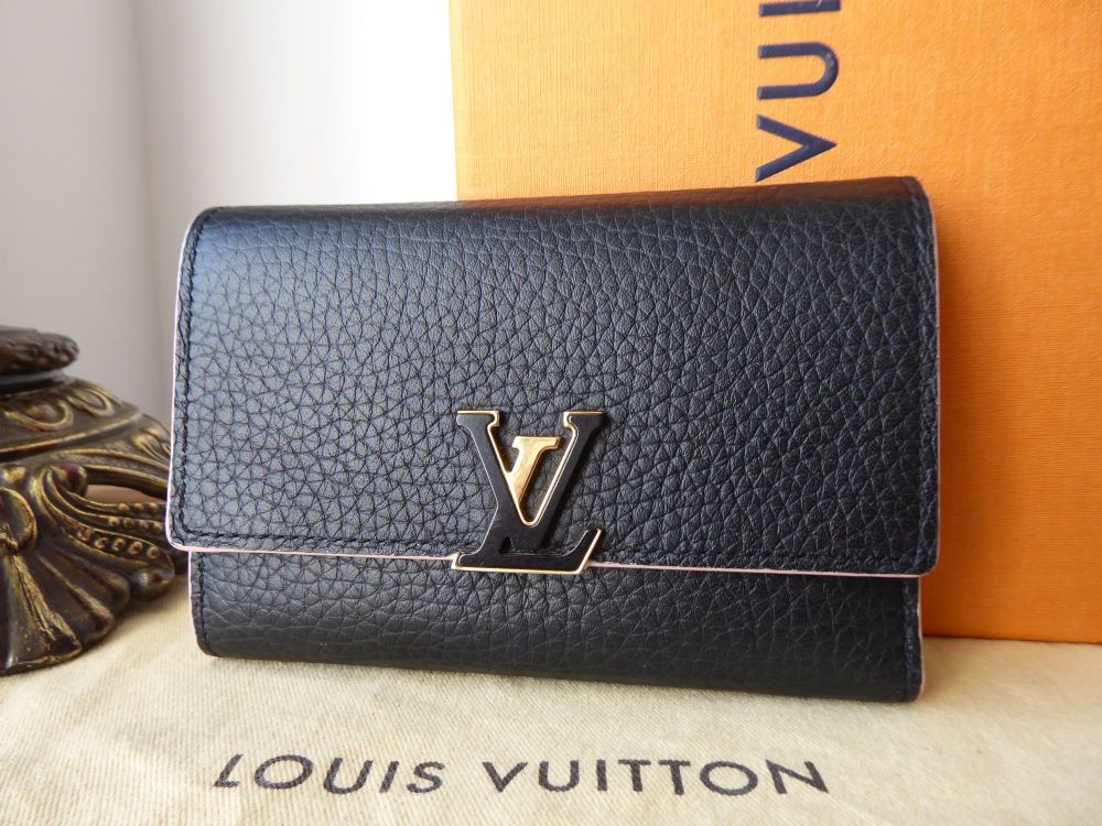 LOUIS VUITTON CAPUCINES COMPACT WALLET IN BLACK AND PINK TAURILLON LEATHER  ref.855530 - Joli Closet