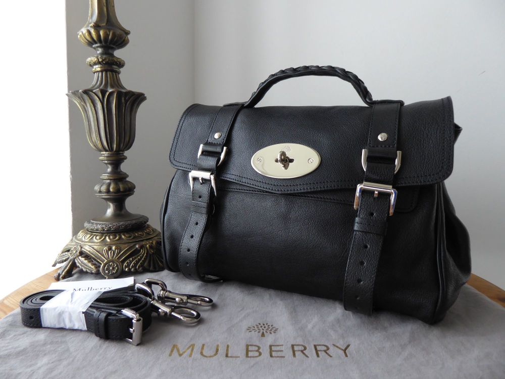 Muberry Classic Alexa Regular Satchel in Black Polished Buffalo with Shiny 