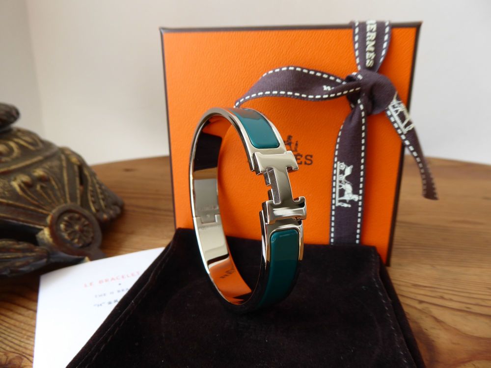 Hermès Clic H Narrow Bracelet GM in Palladium Silver with Petrole Vert Enamel - SOLD