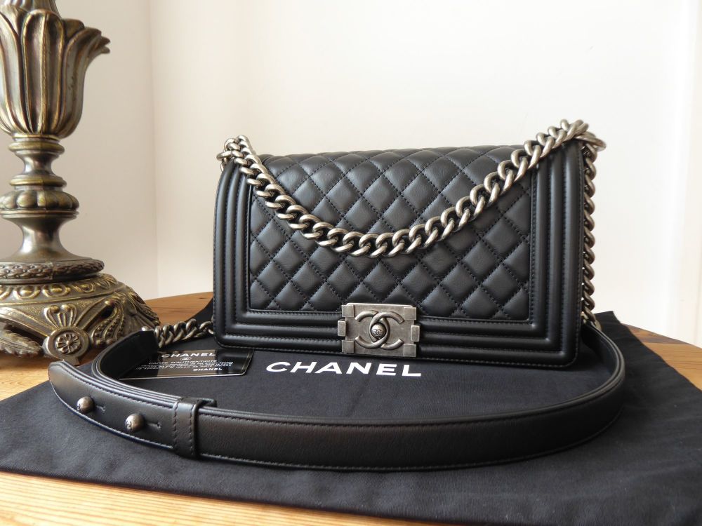 Chanel Quilted New Medium Boy Black Calfskin Ruthenium Hardware