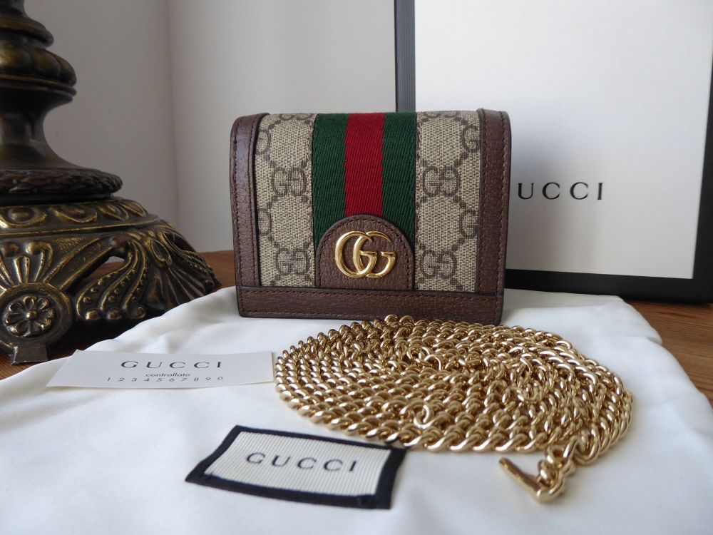 Gucci Ophidia Mini Chain Wallet in Beige Ebony GG Supreme with Classic Vintage Web - SOLD