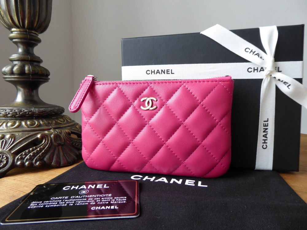 Chanel Mini O Case Zip Pouch in Hot Pink Lambskin with Silver Hardware