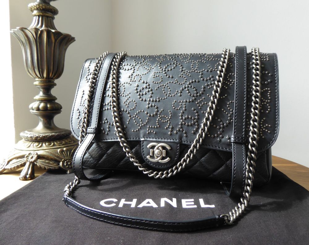 Chanel Paris Dallas Studded Buckle Satchel Flap Bag in Black Calfskin with 