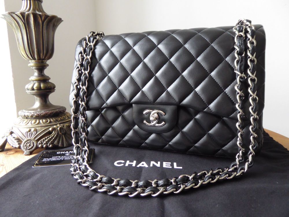 Chanel Timeless Classic 2.55 Jumbo Double Flap Bag in Black Lambskin with S