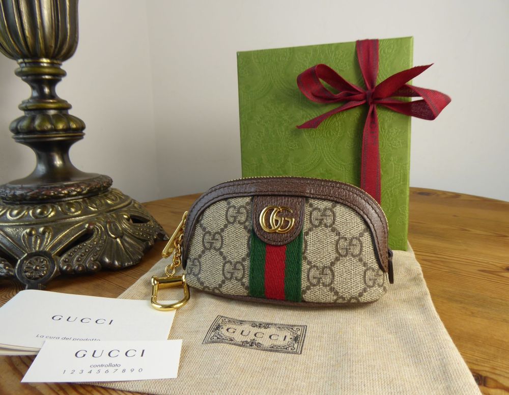 Gucci Ophidia Key Pouch in Beige Ebony GG Supreme with Classic Vintage Web 